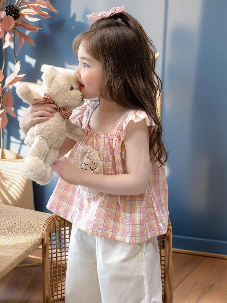 Girls Plaid Doll Collar Two Piece Summer Skirt Outfit Set