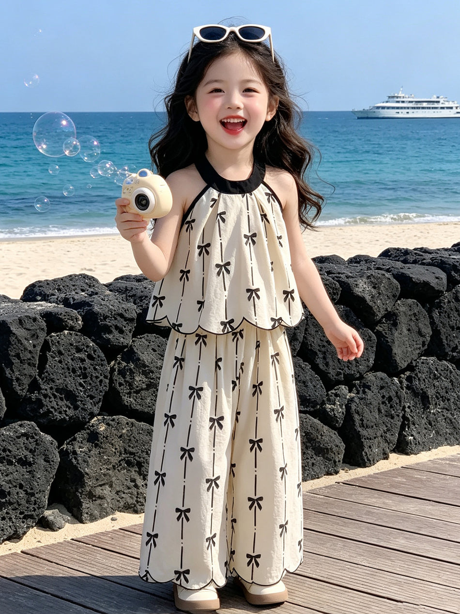Girls Bowknot Suspender Top and Wide Leg Pants Set