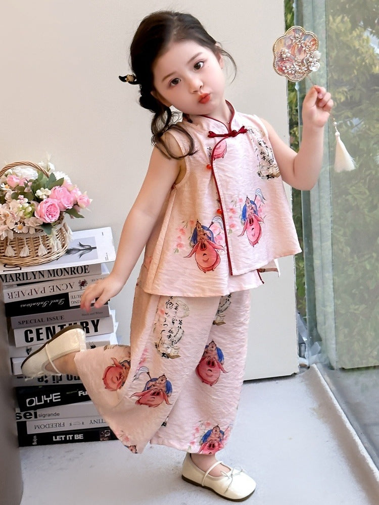 Girls Chinese Style Cartoon Top and Wide Leg Pants Set