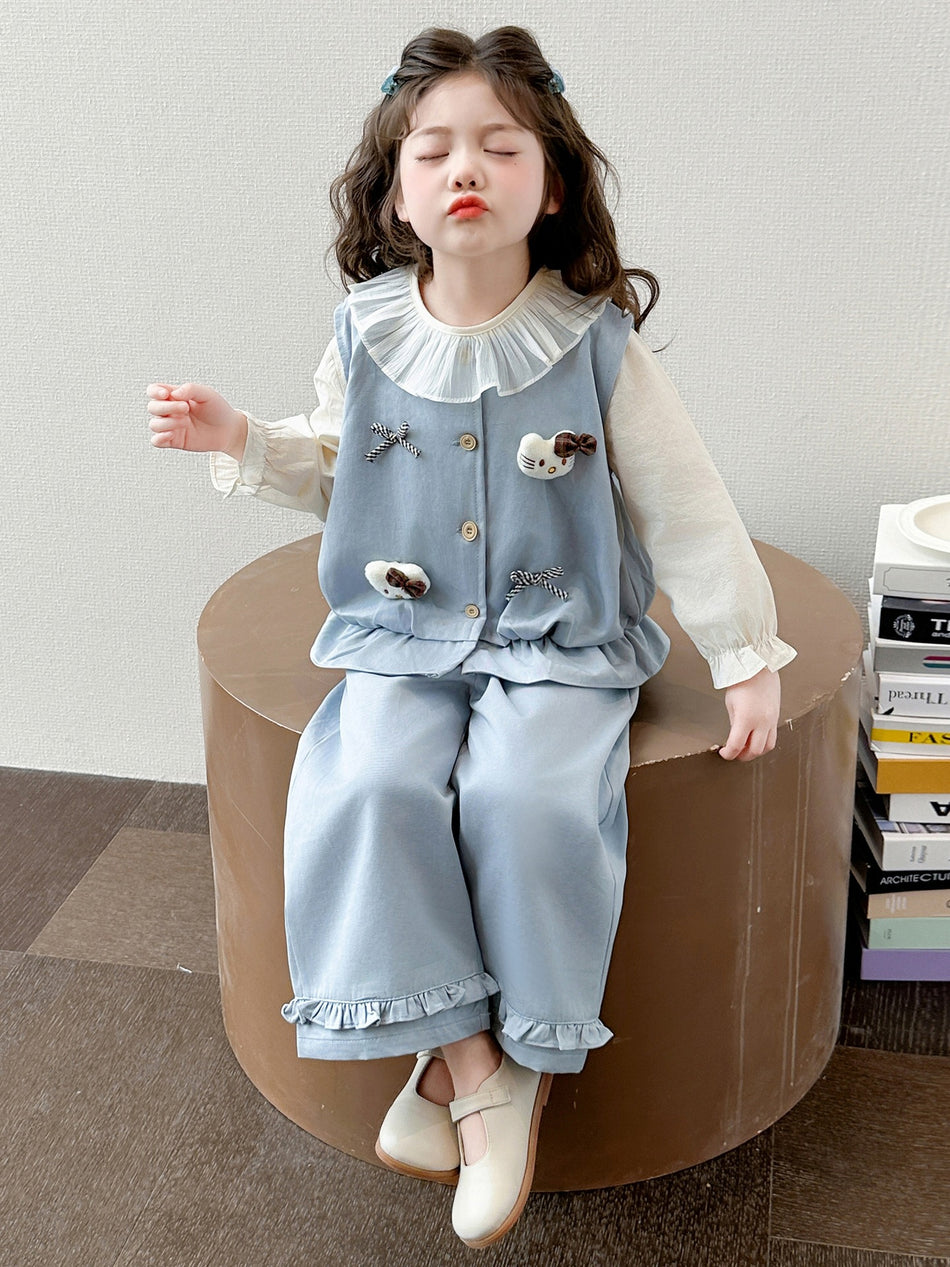 Girls Cartoon Denim Three Piece Spring Outfit Set