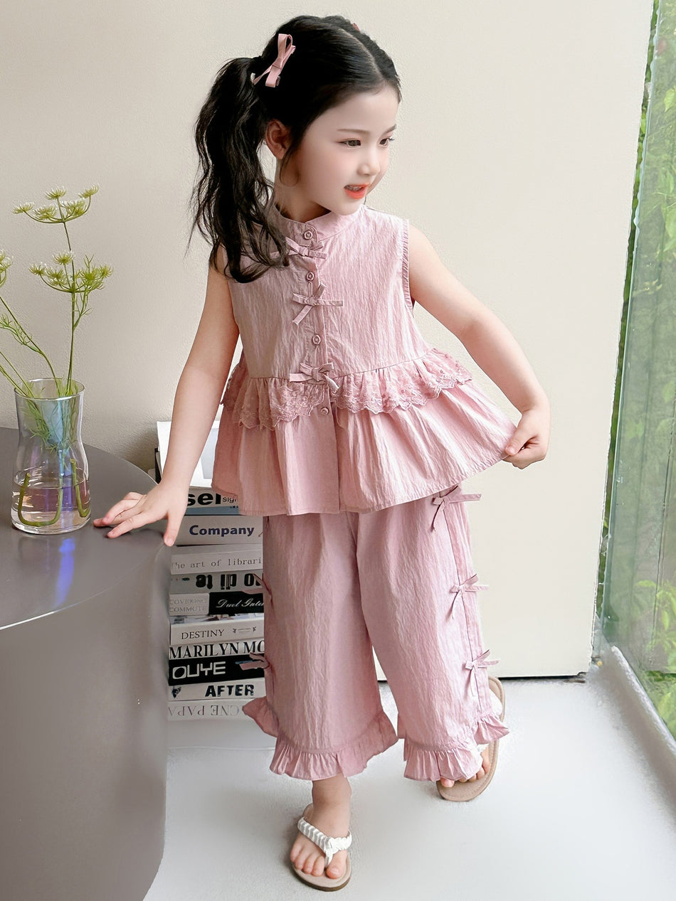 Girls Solid Color Bow Top and Wide Leg Pants Set