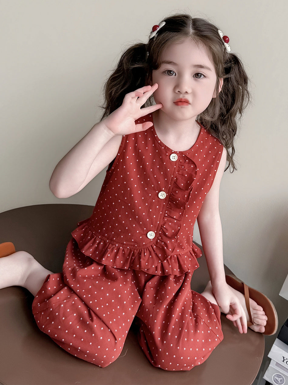 Girls' Polka Dot Cotton Two-Piece Capri Pants Summer Set