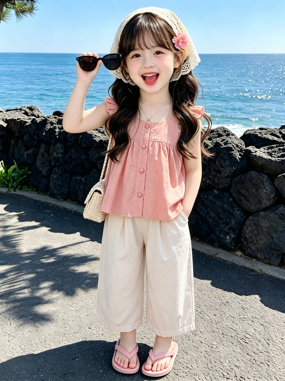 Girls' Flutter Sleeve Suspender Dress Two-Piece Summer Set