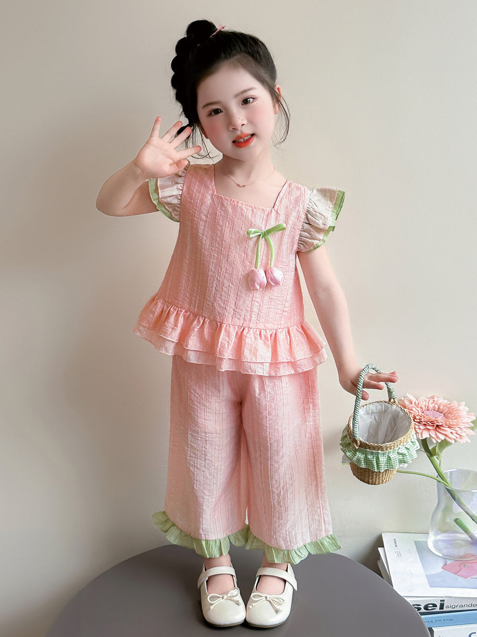 Girls' Floral Puff Sleeve Top and Wide-Leg Pants Set