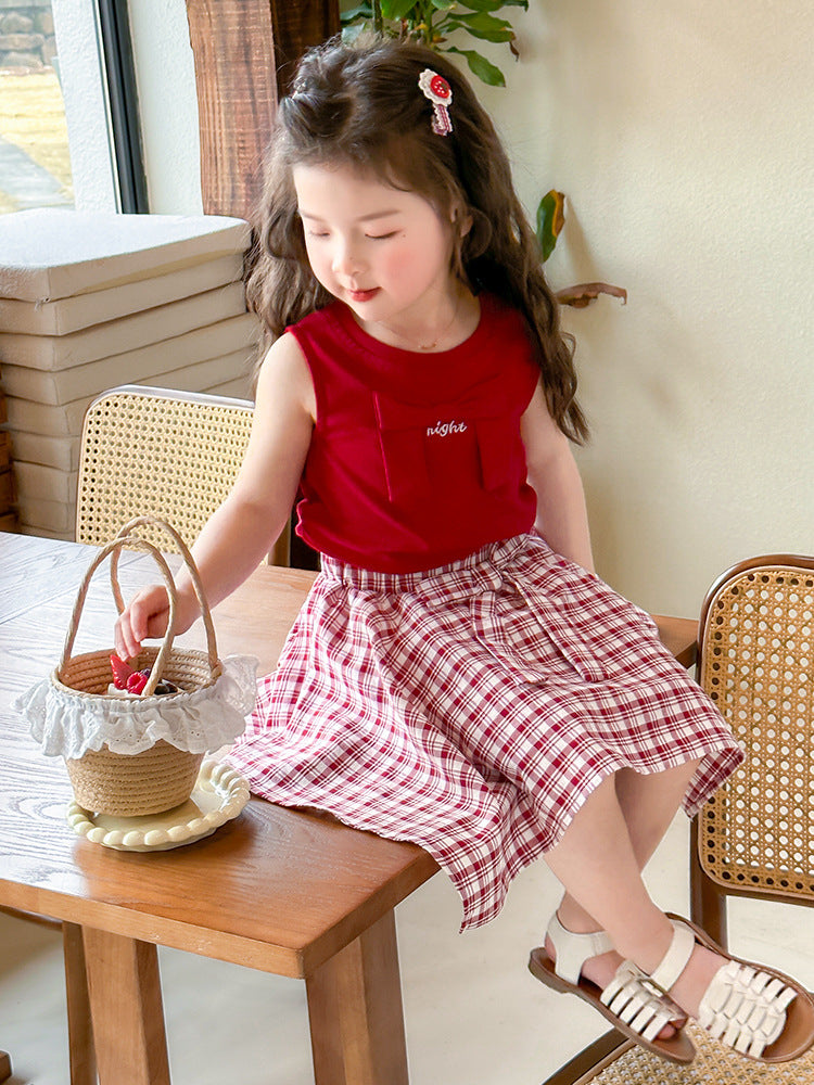 Girls' Plaid Skirt Cotton Two-Piece Sleeveless Summer Set