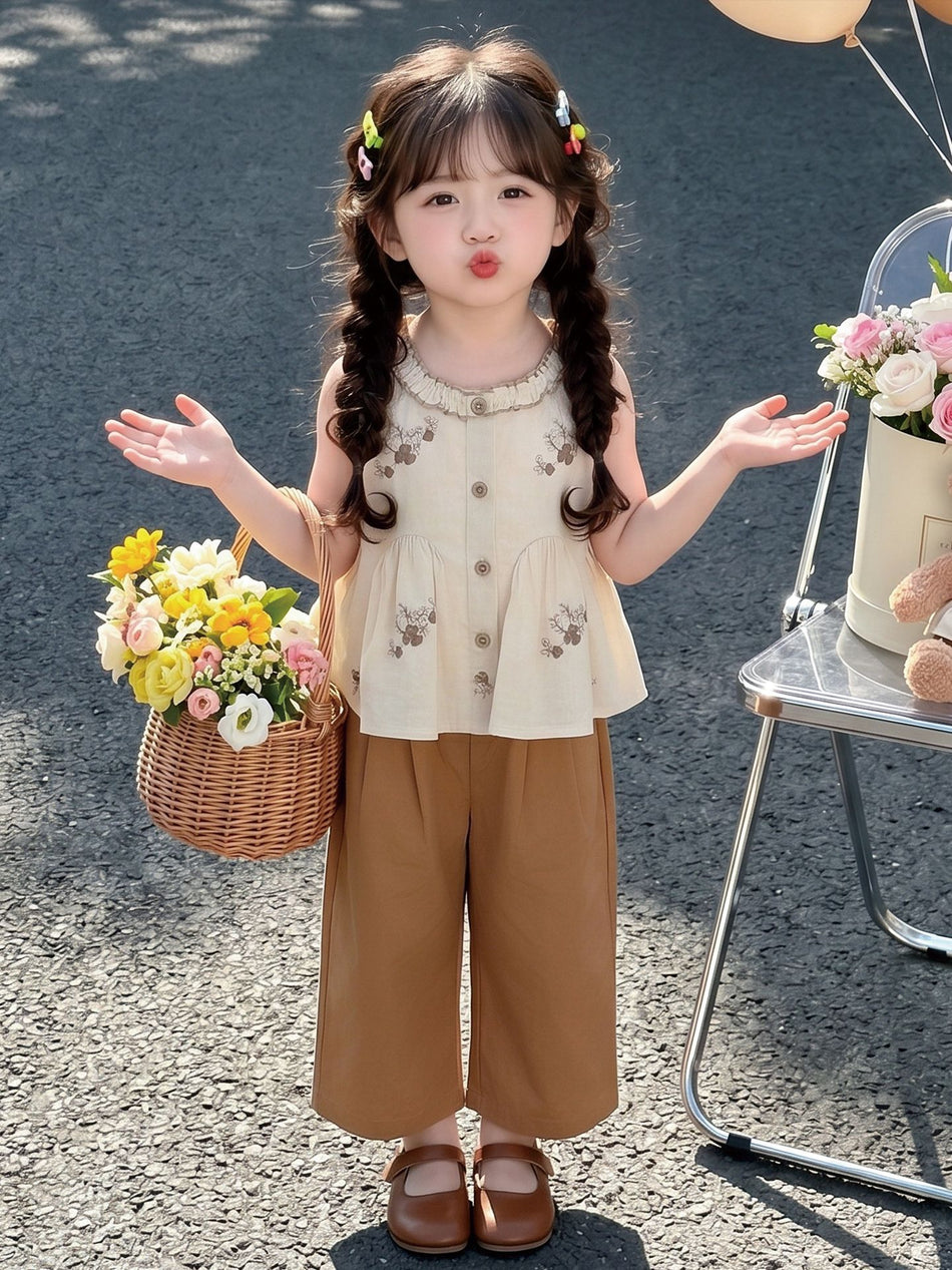 Girls' Embroidered Cotton Top and Wide-Leg Pants Set