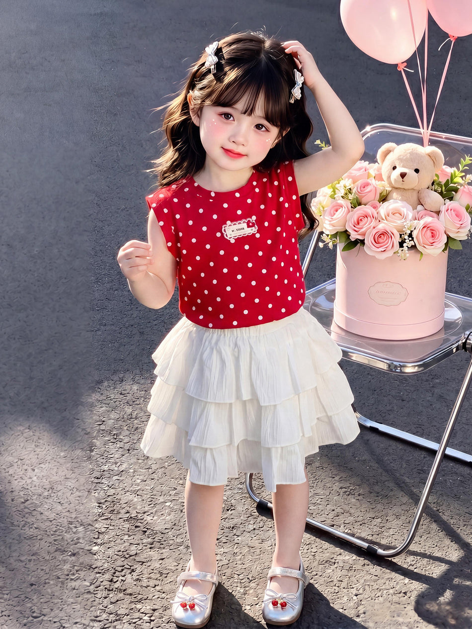 Girls' Polka Dot Top and Layered Skirt Two-Piece Set