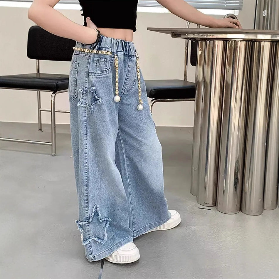 Girls Wide-Leg Denim Pants Loose Fit Raw Hem Jeans