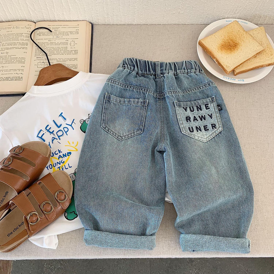 Kids Carrot Fit Ripped Denim Jeans Casual Cotton Pants