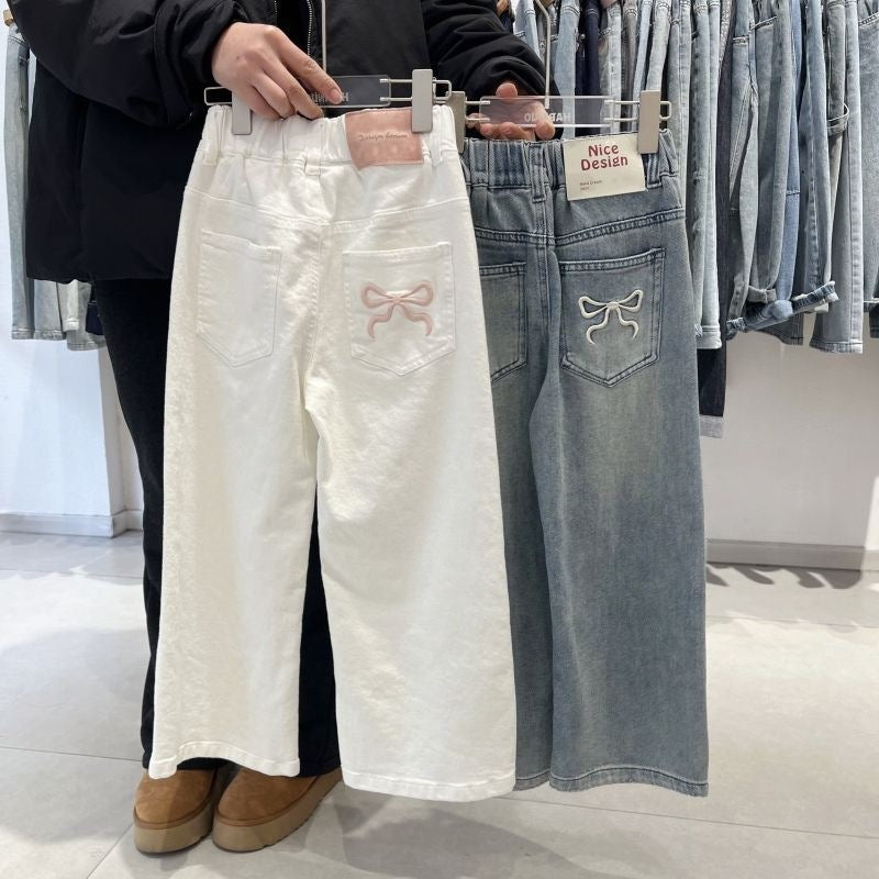 Girls Straight Leg Denim Pants Bow Detail Casual Trousers