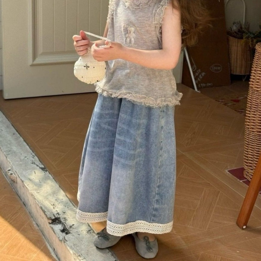 Girls Wide Leg Denim Jeans Loose Fit Casual Cotton Pants