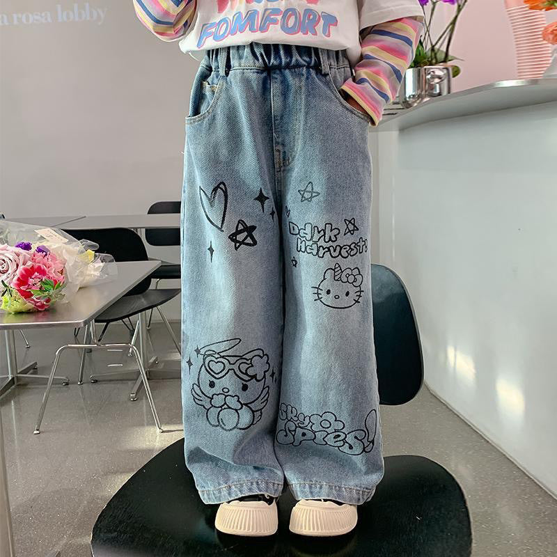 Kids Cartoon Denim Pants Loose Fit Casual Cotton Trousers