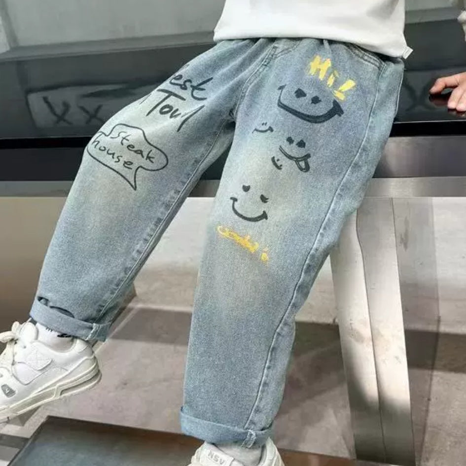 Kids Loose Fit Denim Trousers Casual Cotton Jeans