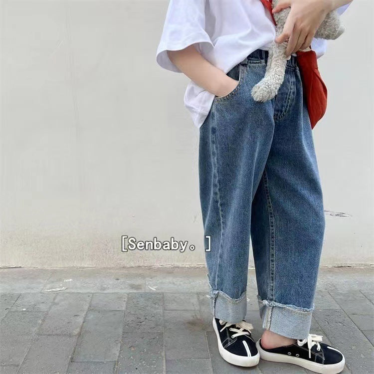Girls Straight Leg Denim Jeans Loose Fit Casual Pants