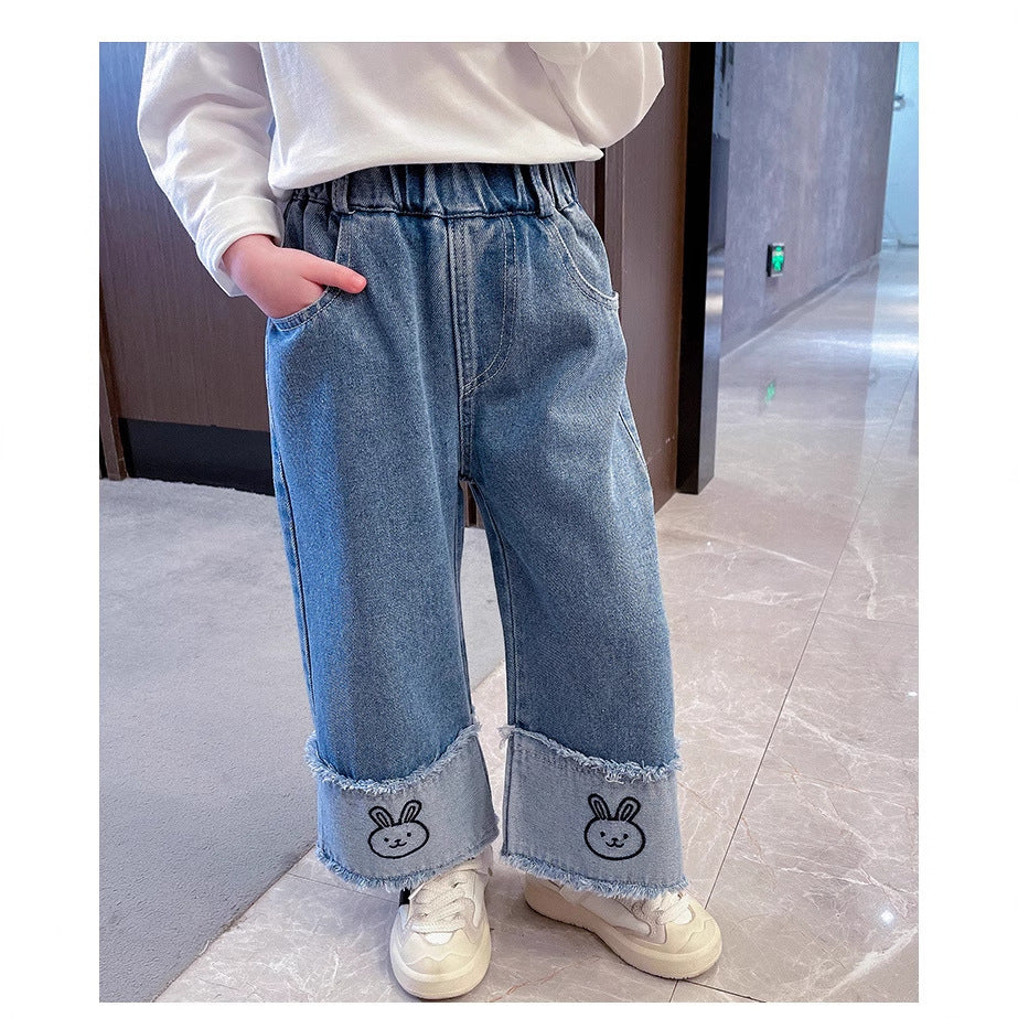 Girls Wide Leg Denim Jeans Casual Straight Fit Trousers