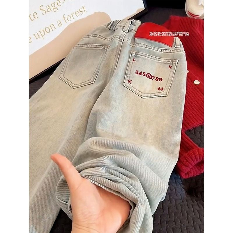 Girls Wide Leg Denim Jeans Loose Fit Casual Trousers