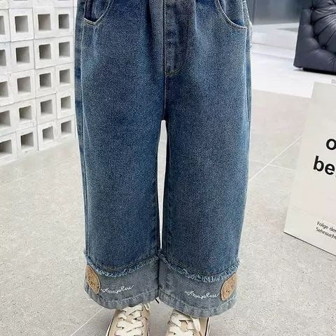 Girls Wide Leg Denim Jeans Bear Embroidery Casual Pants