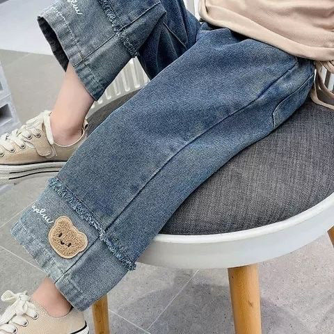 Girls Wide Leg Denim Jeans Bear Embroidery Casual Pants
