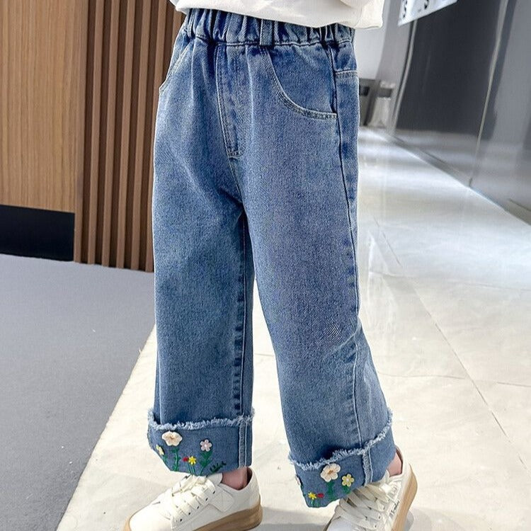 Girls Wide Leg Denim Jeans Floral Casual Spring Pants