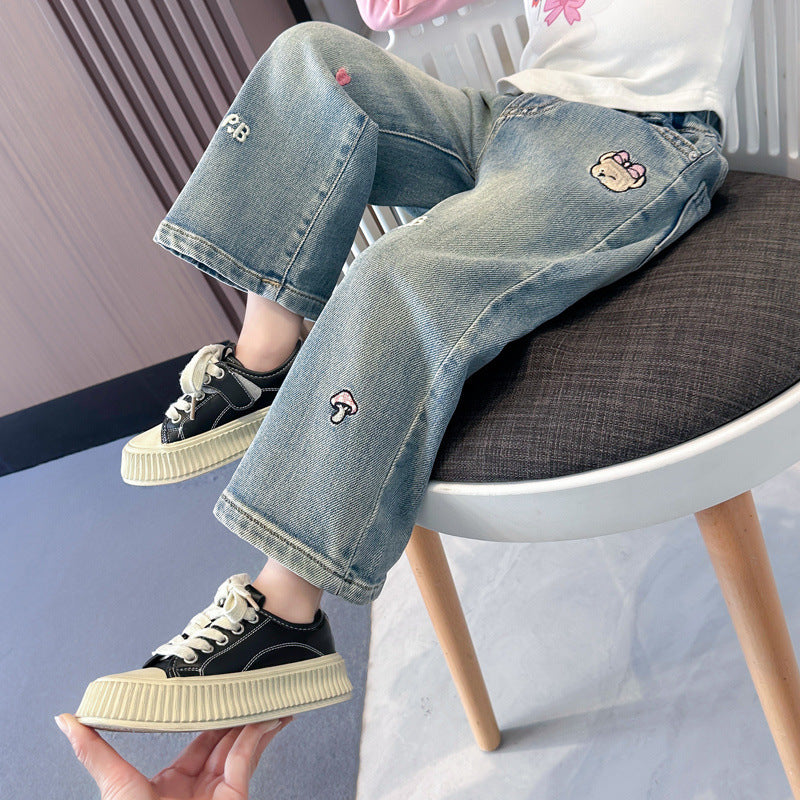 Girls Embroidered Straight Leg Denim Jeans Casual Pants