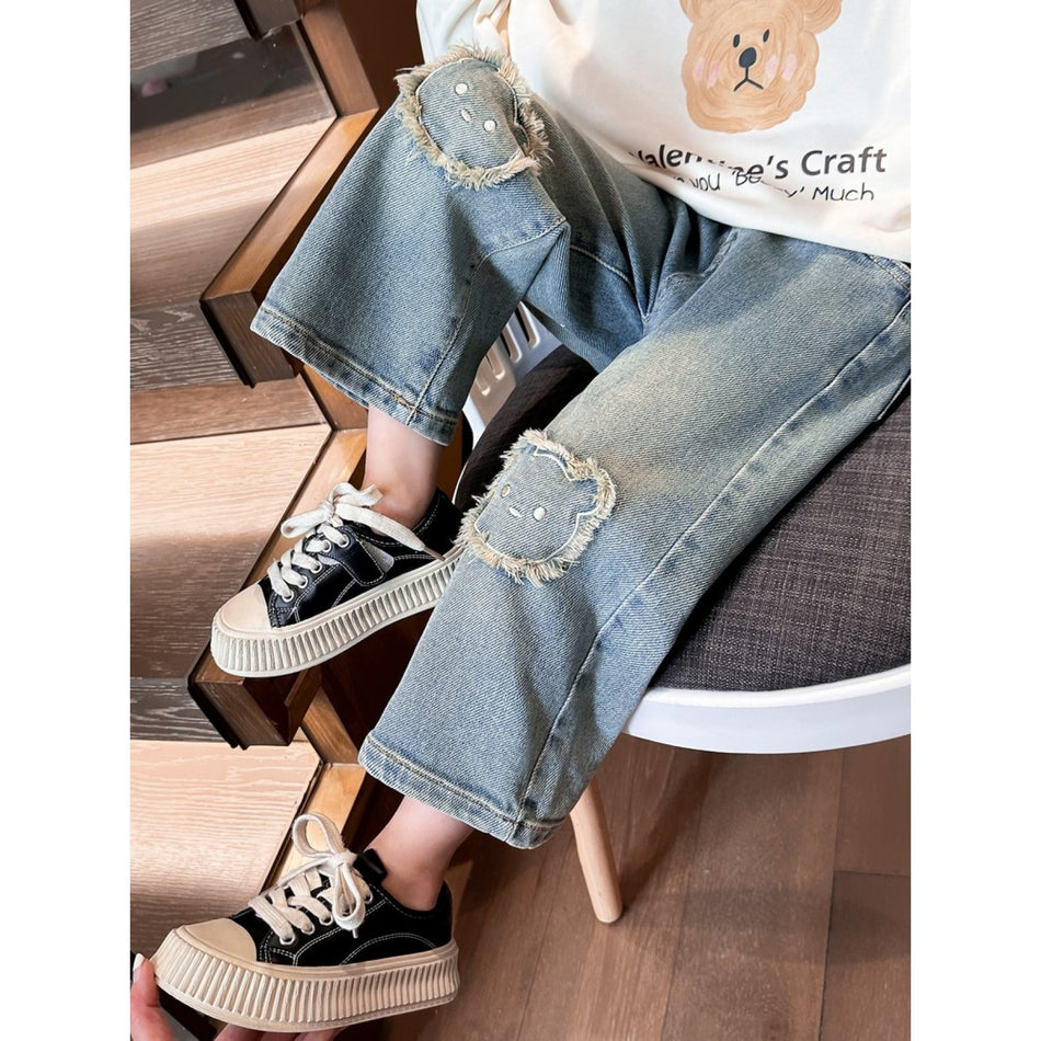 Girls Cat Embroidered Denim Jeans Casual Straight Pants
