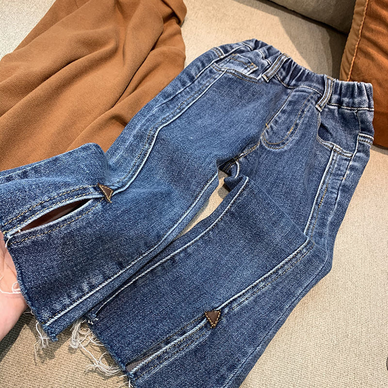Girls Split Flared Denim Jeans Casual Korean Style Pants