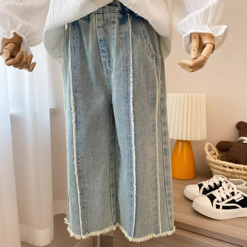 Girls Straight Wide Leg Denim Jeans Casual Cotton Pants