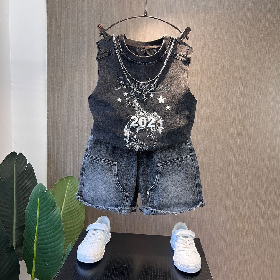 Kids Summer Vest Set Retro Style Casual Two-Piece Outfit
