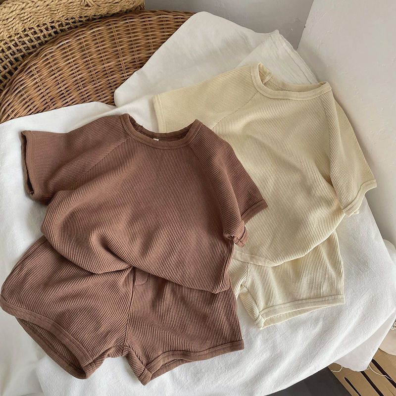 Kids Waffle Knit Summer Set Casual Two-Piece Outfit