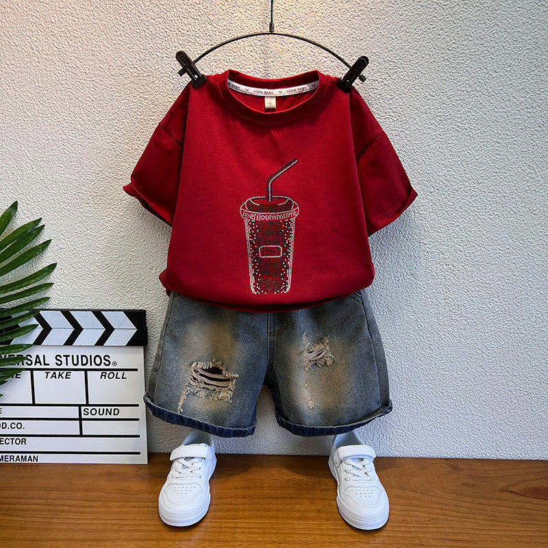 Boys Summer Cotton Blend T-Shirt Shorts Set Casual Outfit