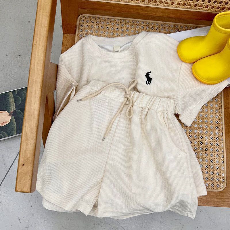 Korean Waffle Embroidered Kids Summer Two-Piece Set