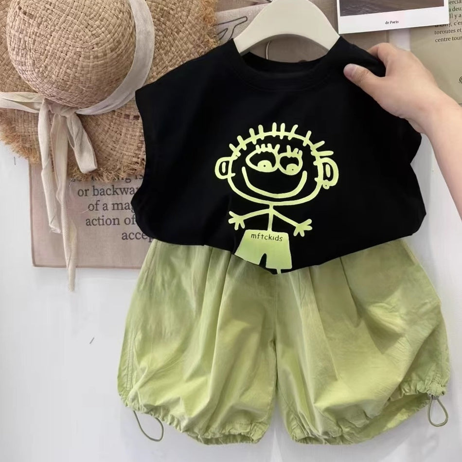 Boys Girls Cotton Vest Shorts Set Casual Summer Kids Outfit