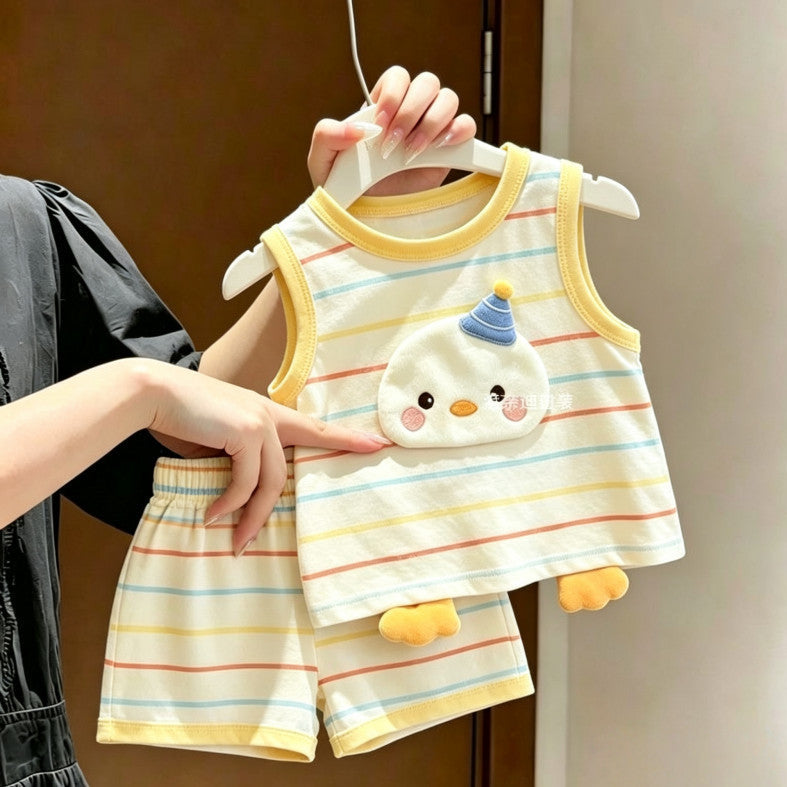 Boys Girls Cotton Striped Cartoon Summer Two-Piece Set