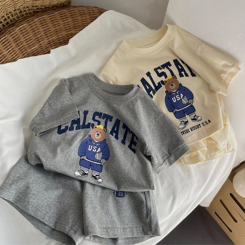Boys Girls Cotton Bear Cartoon Casual Sports Two-Piece Set