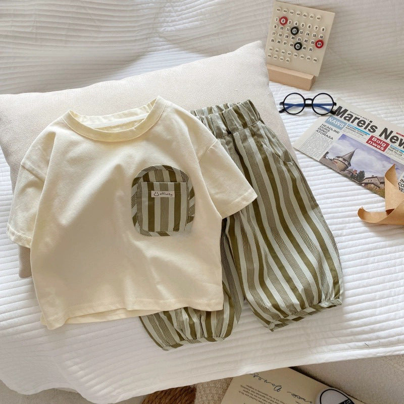 Boys Girls Cotton Pocket Design Summer Two-Piece Set