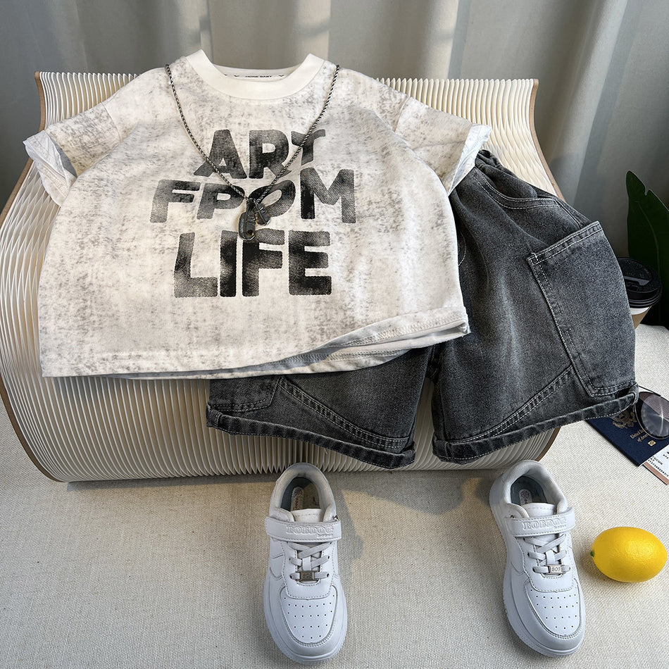 Boys Cotton Summer Two-Piece Set Casual T-Shirt Shorts Outfit