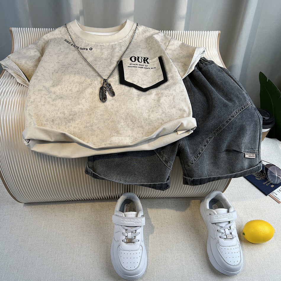 Boys Cotton Summer Two-Piece Outfit Casual Thin Shorts Set