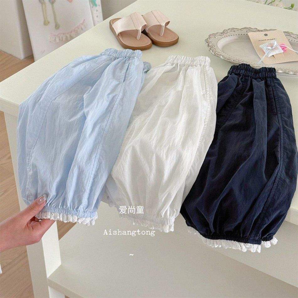 Girls Lace Trim Solid Color Cropped Cotton Pants Summer