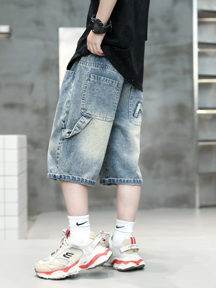 Boys’ Loose Fit Denim Shorts Retro Mid Length Summer Shorts