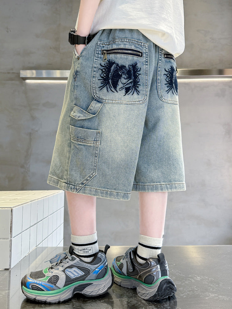 Boys’ Denim Cargo Shorts Loose Fit Summer Utility Shorts