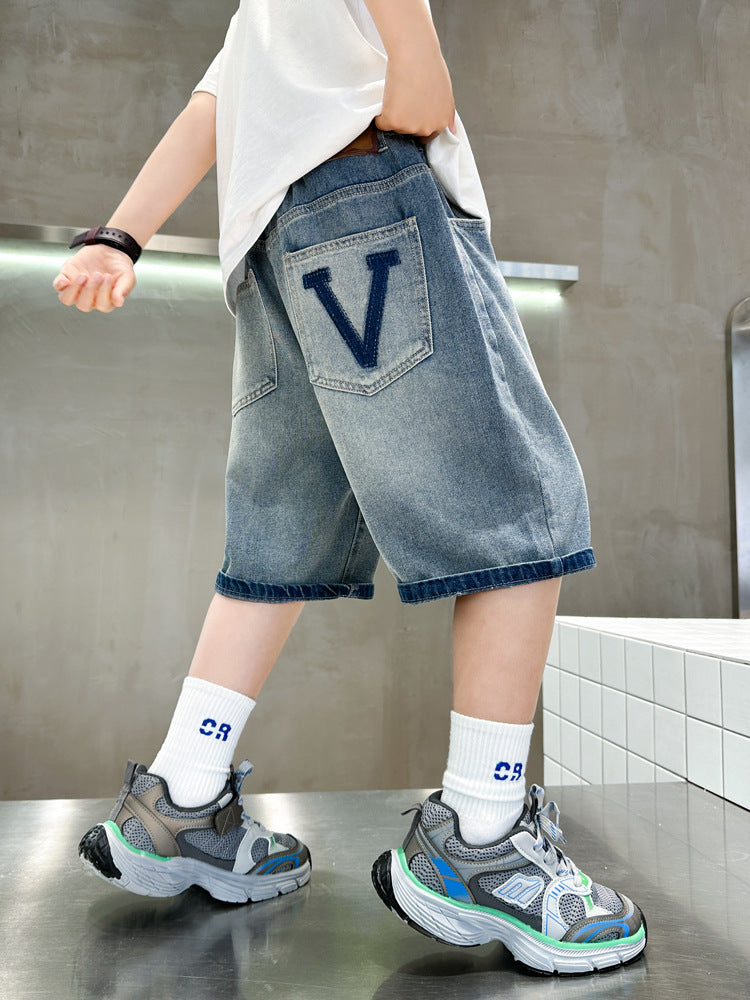Boys’ Loose Fit Denim Capris Casual Summer Knee-Length Pants