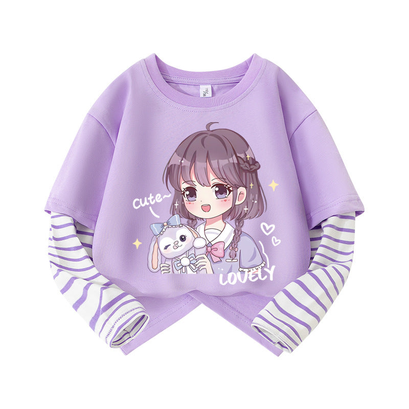 Girls’ Cotton Striped Sleeve Long Sleeve T-Shirt Casual Top