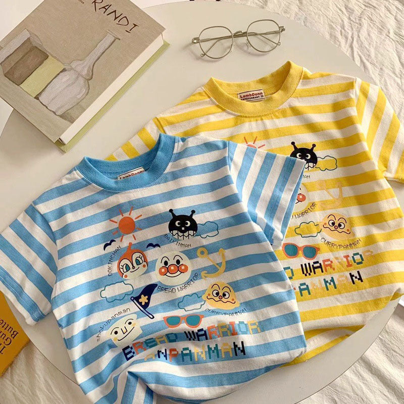 Pure Cotton Cartoon Striped Short Sleeve T-Shirt Kids Unisex