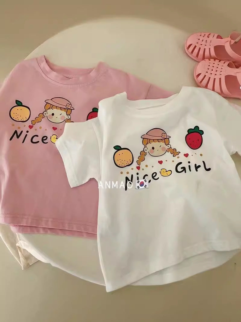 Pure Cotton Cartoon Short Sleeve Girls T-Shirt Casual Top