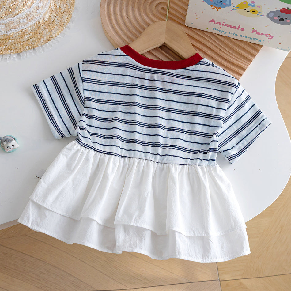 Girls Summer Striped Skirted Hem Short Sleeve Top Kids T-Shirt