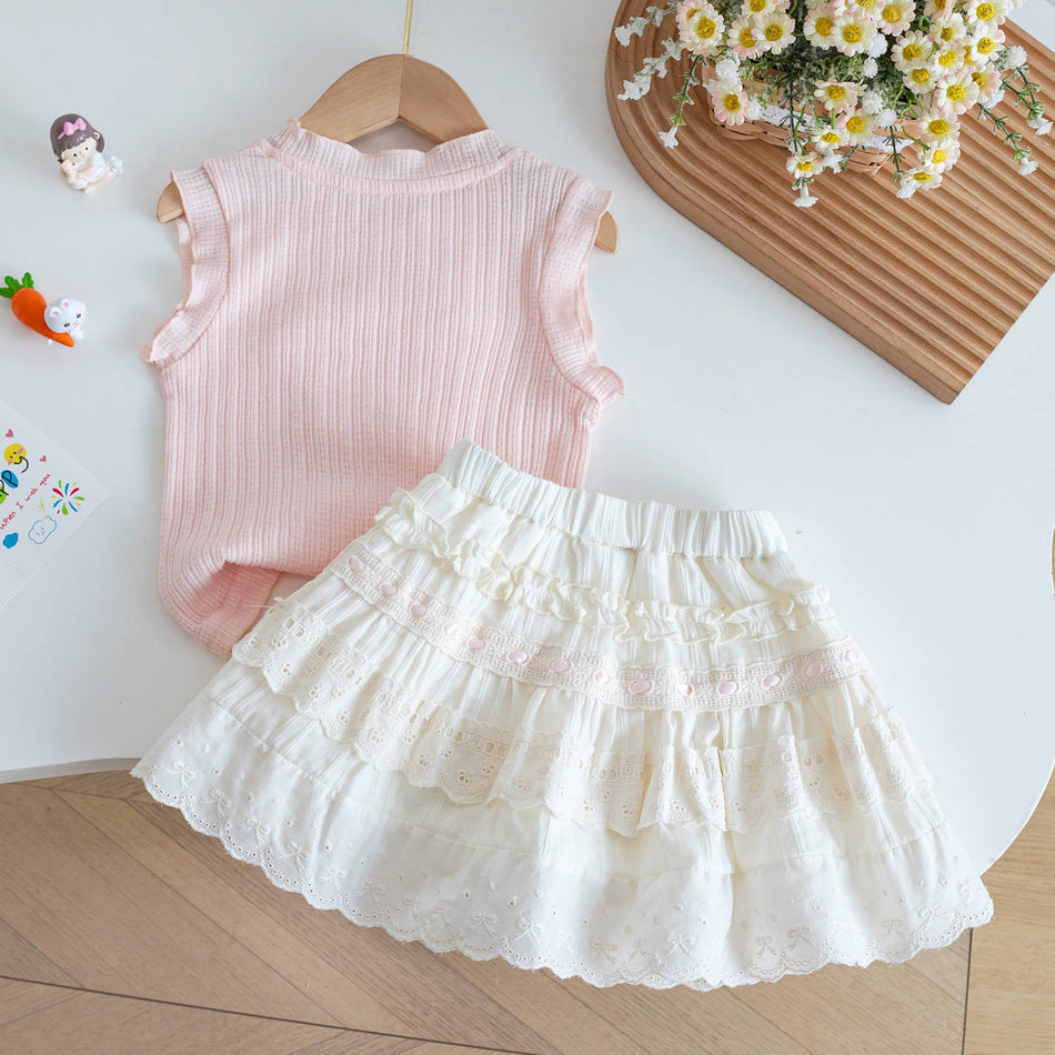 Girls Sleeveless Pink Lace Dress Princess Summer Outfit