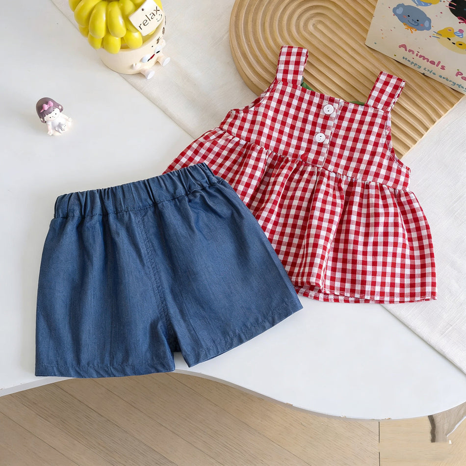 Girls Summer Strawberry Tank Top Denim Two-Piece Set