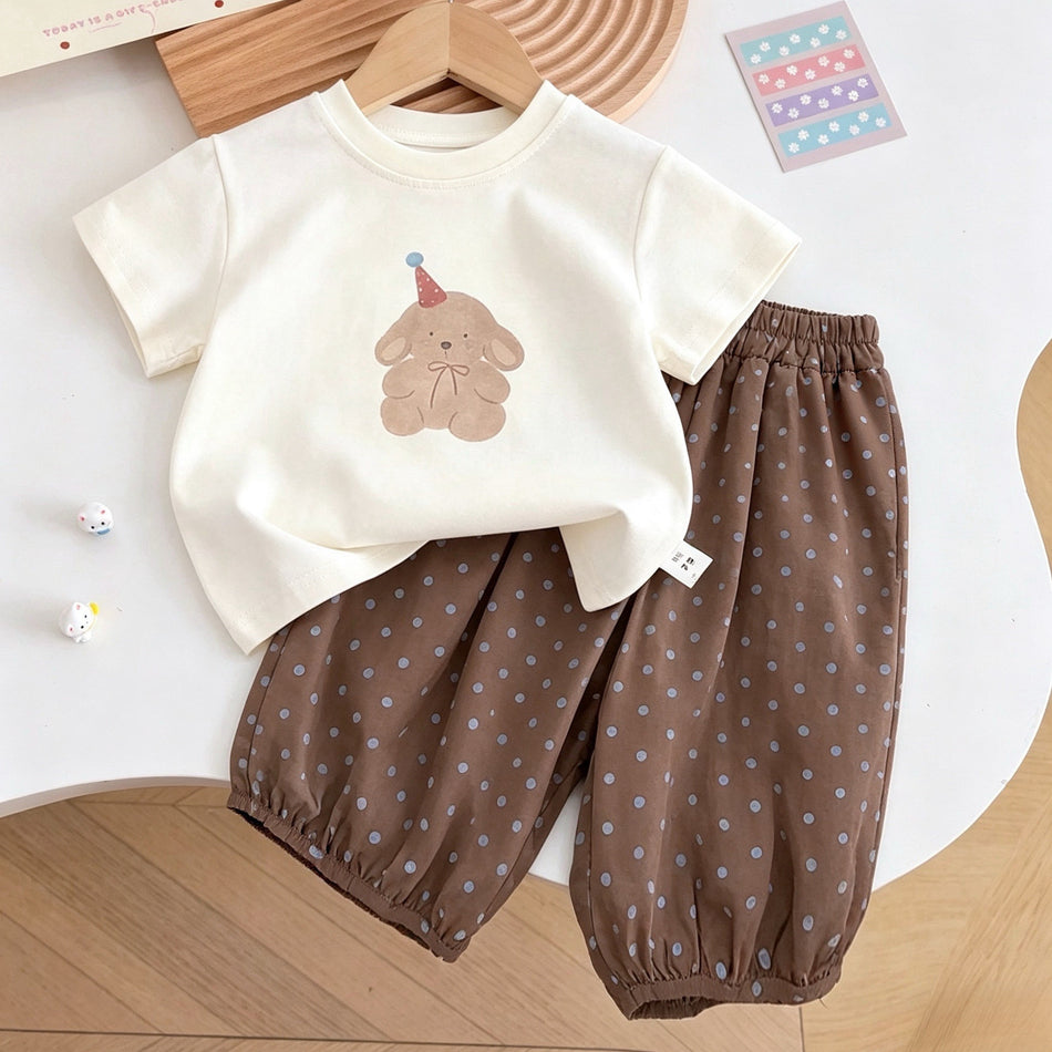Girls Bear Print Summer Outfit Set T-Shirt & Pants