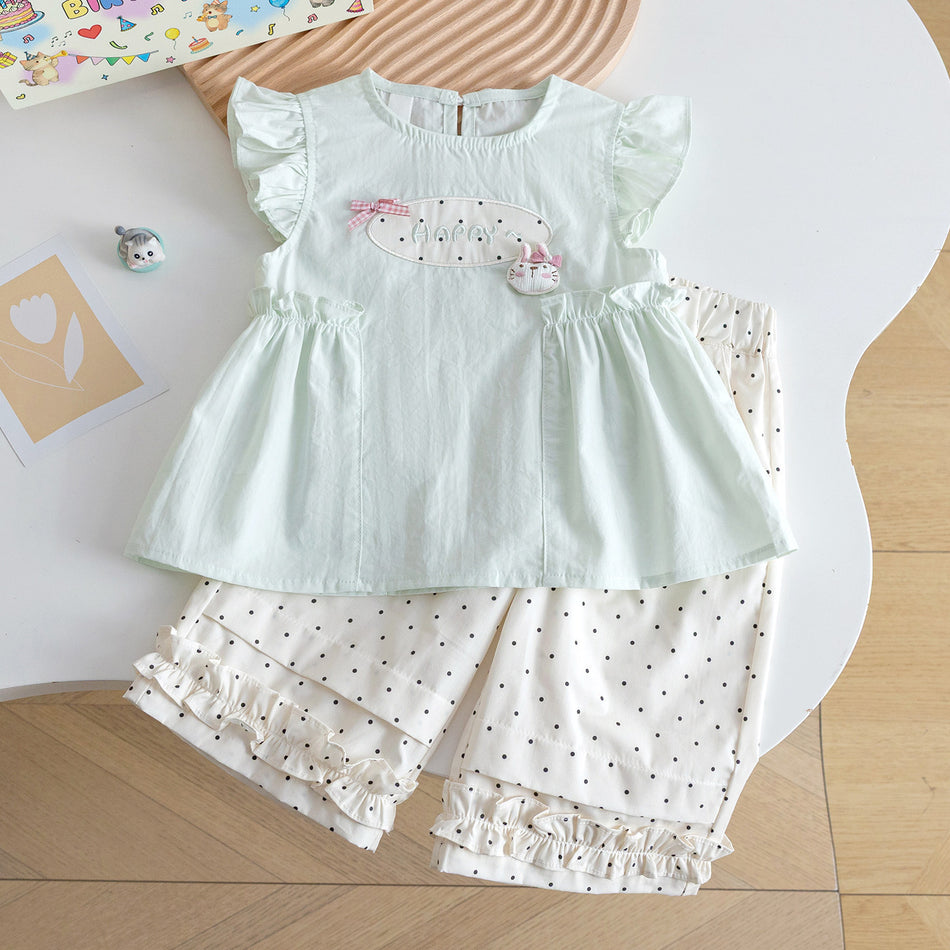 Baby Girl Polka Dot Flying Sleeve Summer Outfit Set
