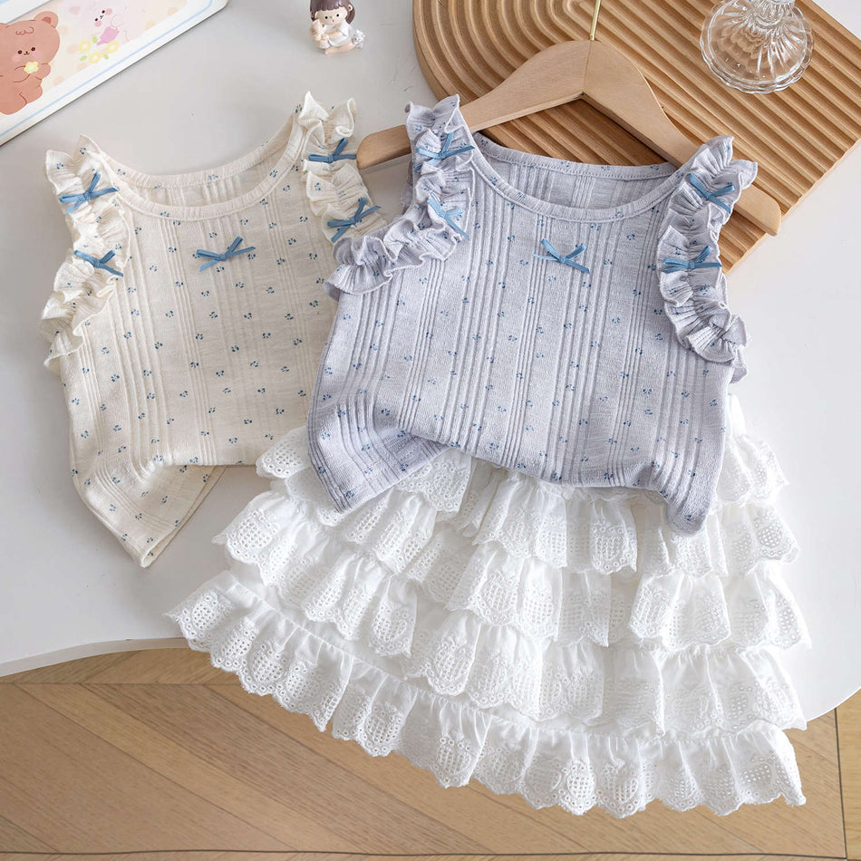Girls Mori Style Floral Lace Vest Pleated Skirt Set Summer